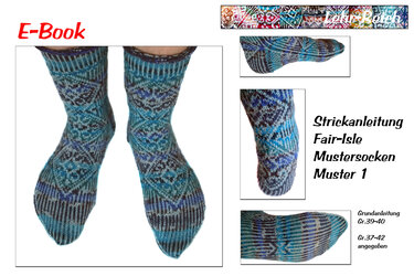 E-Book-Cover mit blau-türkisem Paar Fair-Isle-Mustersocken und Detailansichten