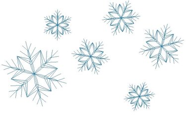 Sechs stilisierte blaue Schneeflocken in verschiedenen Größen auf weißem Hintergrund