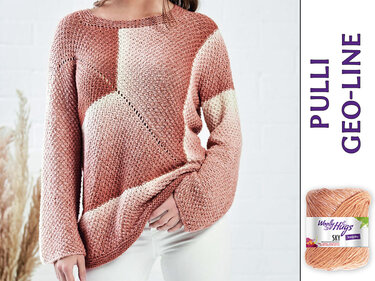 Gestrickter Damenpullover in Rosé mit geometrischem Blockmuster und weitem Rundhalsausschnitt