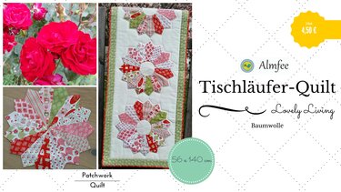 Weißer Patchwork-Tischläufer mit drei rund angeordneten Blumenmotiven aus roten, rosa und grünen Baumwollstoffen und grünem Rand