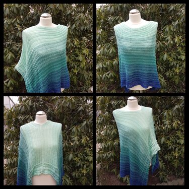 Vier Ansichten eines gehäkelten Damenponchos mit Ombré-Farbverlauf von Türkis bis Blau auf einer Schneiderpuppe vor grünem Laub.