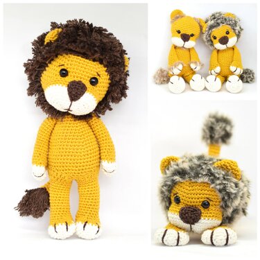 Mehrere gehäkelte Löwen‑Amigurumi in Gelb mit unterschiedlichen Mähnenstilen und weißen Pfoten