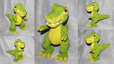 T‑Rex‑inspiriertes gehäkeltes Amigurumi in Grün und Gelb, Collage mit mehreren Ansichten auf grauem Hintergrund.