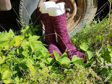 Wadenlange, dunkelmagenta gestrickte Herren‑Socken auf weißen Sockenleisten im Gras vor einem Reifen