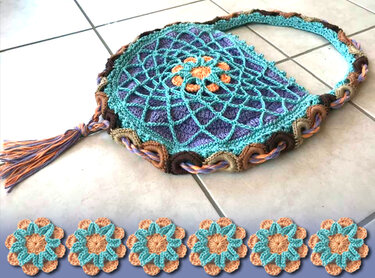Gehäkelte Umhängetasche in Türkis, Lila und Orange mit Mandalamuster, Quaste und sechs Häkelblumen