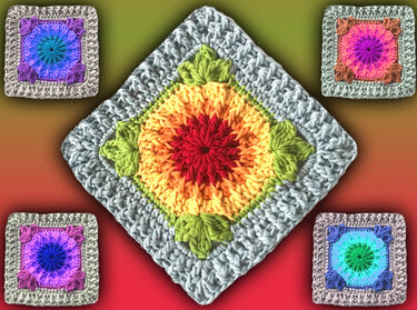 Großes buntes Granny Square mit Blütenzentrum und vier kleineren Häkelquadraten