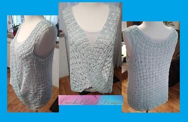 Dreiteilige Ansicht eines hellmintfarbenen Häkel-Tops auf Puppe: seitlich, vorne mit V-Ausschnitt und hinten mit rundem Ausschnitt