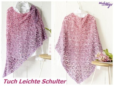 Zwei Ansichten eines gehäkelten Dreieckstuchs in Rosa‑Lila mit Ajourmuster, drapiert über weiße Bluse