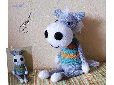 Front and inset views of grey crocheted amigurumi showing full body and close-up of snout