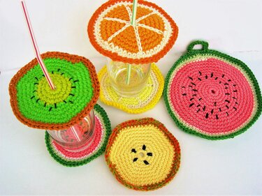 Früchte häkeln (Untersetzer, Glasdeckel, Topflappem)