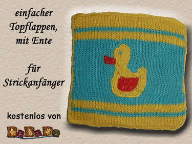 Quadratischer gestrickter Topflappen in Türkis und Gelb mit applizierter Ente und Streifenrand