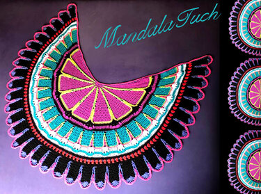 Halbrundes gehäkeltes Mandala-Tuch in Pink, Türkis, Schwarz und Gelb