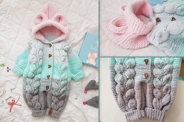 Pastellfarbener gestrickter Baby-Overall mit Kapuze und blattähnlichen Zopfmustern sowie herzförmigen Knöpfen