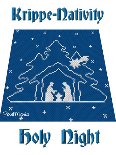 Pixelhäkelmuster einer Krippe: weiße Silhouetten von Stall und Figuren auf blauem Hintergrund