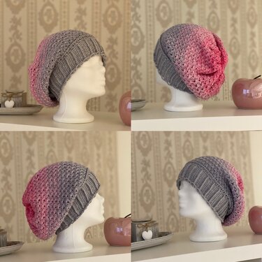 Gehäkelte Slouchy-Beanie in Grau und Rosa, vier Ansichten auf einer Schaufensterpuppe.