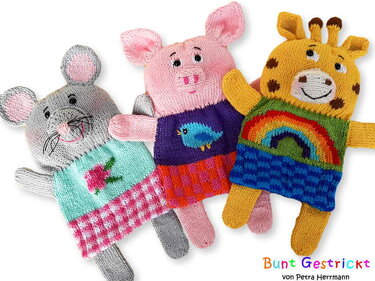 Three knitted baby hand puppets (mouse, pig, giraffe) showing colorwork and construction