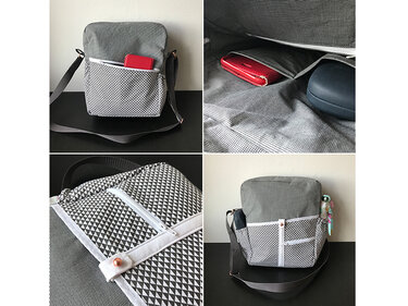 Detailaufnahme einer grauen Umhängetasche mit Reißverschluss, Innenfächern und Seitenfach