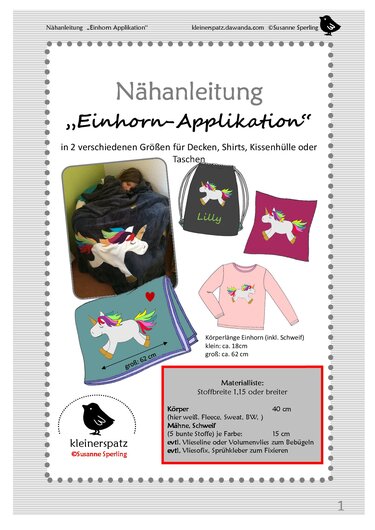 Vorlage und Anwendungsbeispiele einer Einhorn-Applikation auf Decke, Shirt, Kissen und Tasche