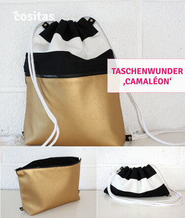 Turnbeutel mit goldfarbener Unterseite und schwarz-weiß gestreiftem Oberteil, gezeigt zusammen mit der abgetrennten goldfarbenen Clutch und dem Kordelzugbeutel.