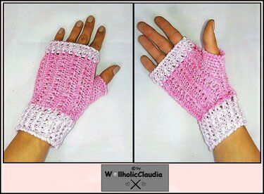 Rosa gehäkelte fingerlose Handschuhe mit weißem Bündchen, Vorder- und Rückansicht an Händen