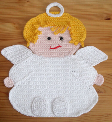 gehäkelter Engel-Topflappen mit gelbem Haar und weißem Körper
