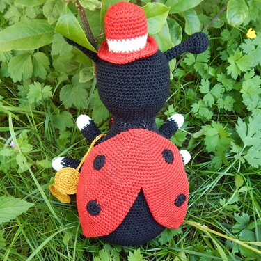 Rückansicht eines gehäkelten Marienkäfers mit roter Flügeldecke, schwarzem Körper, rotem Hut und gelber Tasche im Gras