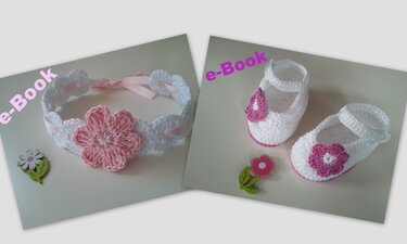 Gehäkeltes Baby-Stirnband und Schühchen in Weiß und Rosa mit Blumenapplikationen
