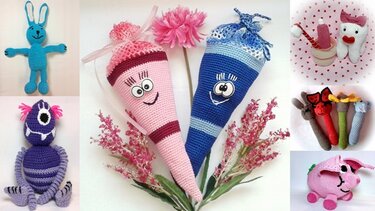 Sammlung gehäkelter Amigurumi in verschiedenen Formen und Farben zum Vergleich von Designs