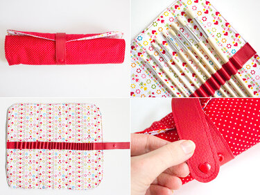 Vier Ansichten eines gerollten Stoff-Utensilos: geschlossen, geöffnet mit Pinseln, flach liegend und Detail des herzförmigen Verschlusses.