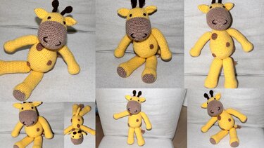 Gehäkelte gelb-braune Amigurumi-Giraffe in mehreren Ansichten, mit braunen Flecken auf hellem Hintergrund.