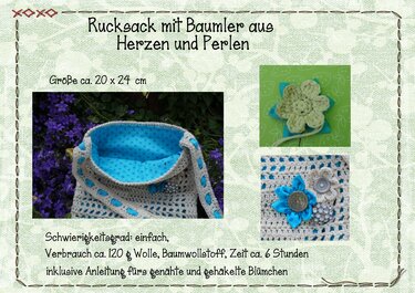 Geh	er Rucksack mit t gepunktetem Innenfutter, Detailbilder von geh	en und gen	en Bl	en.