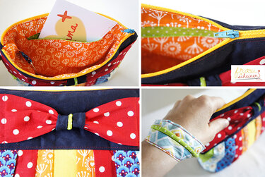 Patchwork-Kosmetiktasche mit roten Punkten, Schleife vorne und orange-weiß gemustertem Innenfutter