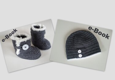 Gehäkelte graue Babyschühchen mit weißem Rand und passende graue Mütze mit Zierknöpfen.