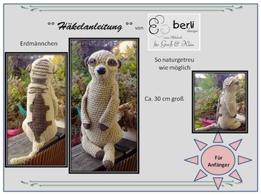 Drei Ansichten eines handgehäkelten Erdmännchens in Naturtönen, sitzend