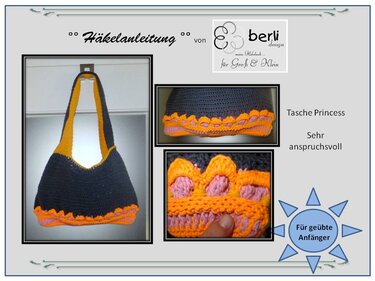 Detaillierte Ansicht einer gehäkelten Henkeltasche in Anthrazit mit orangefarbenen Trägern und orange-rosa Muster am unteren Rand