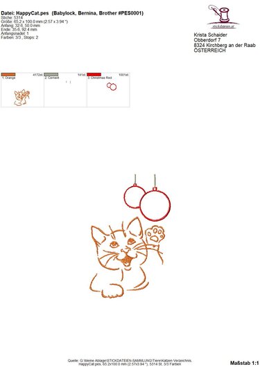 Stickdatei Katze mit Christbaumkugeln, Stickdatei 10x10, Maschinensticken