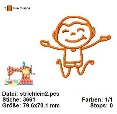 Einfarbige orange Kontur‑Stickdatei eines lächelnden Affen mit ausgestreckten Armen