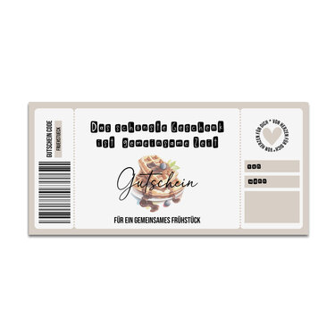 Beiger Ticket-Gutschein mit Waffel-Illustration, Schriftzug 'Gutschein' und Text 'Für ein gemeinsames Frühstück'