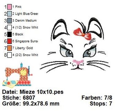 Stickdatei süßes Katzengesicht, Stickdatei in 3 Größen, Katzenliebe Stick - Bild 4