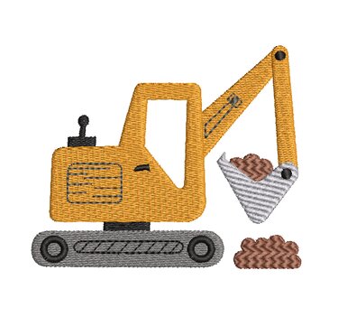 Gelbe Bagger-Stickdatei auf Ketten mit Schaufel und Erdhaufen
