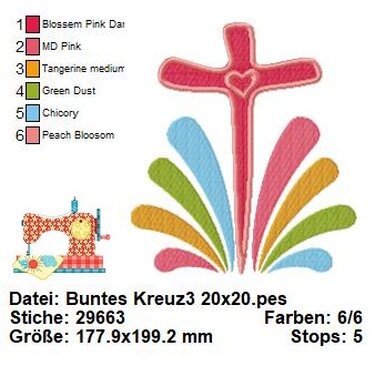 Stickdatei buntes Kreuz, Kommunion Stickvorlage, Stickdatei für Taufe - Sticken
