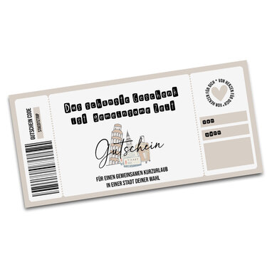 Druckbare Gutscheinvorlage mit Barcode, Illustrationen von Wahrzeichen und Feldern für 'von' und 'wann'.