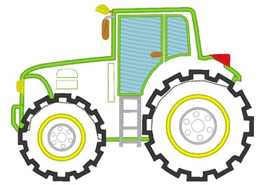 Grüner Traktor‑Stick mit großen schwarzen Reifen, gelben Felgen und hellblauer Kabine.