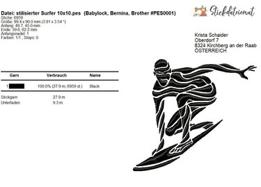 Stickdatei Surfen, Stickdatei Wassersport, Stickdatei 10x10 - Sticken