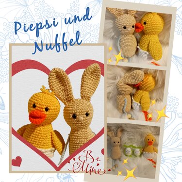 Gehäkelter Hase und gelbe Ente im Amigurumi-Stil, mehrere Ansichten in einer Collage