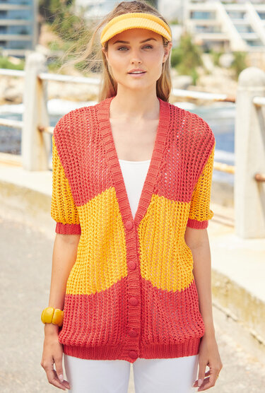 Kurzärmelige Jacke mit Blockstreifen in Rot und Gelb - Bild 3