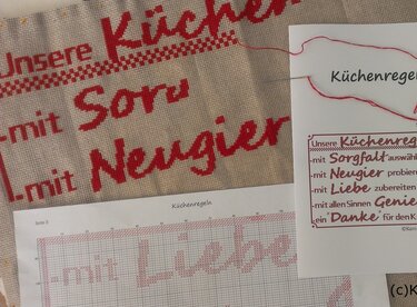 Kreuzstichvorlage mit Küchenregeln im Stil von Dekoschildern, PDF Download - Sticken