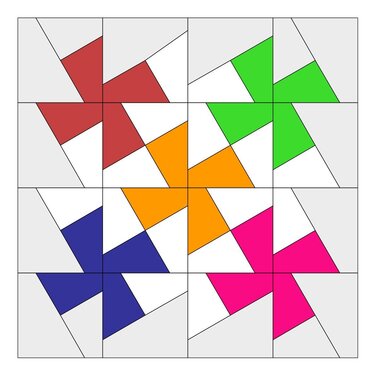 Eine 4x4-Anordnung von Quiltblöcken mit bunten, geometrischen Propeller-Mustern in Rot, Grün, Orange, Blau und Pink.