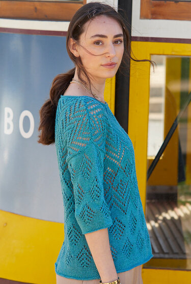 Petrolfarbener Ajourmuster-Pulli - Stricken