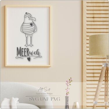 Gerahmtes Bild eines handgezeichnet wirkenden Möwenmotivs mit Streifen, Mütze und dem Schriftzug „MEERweh“.